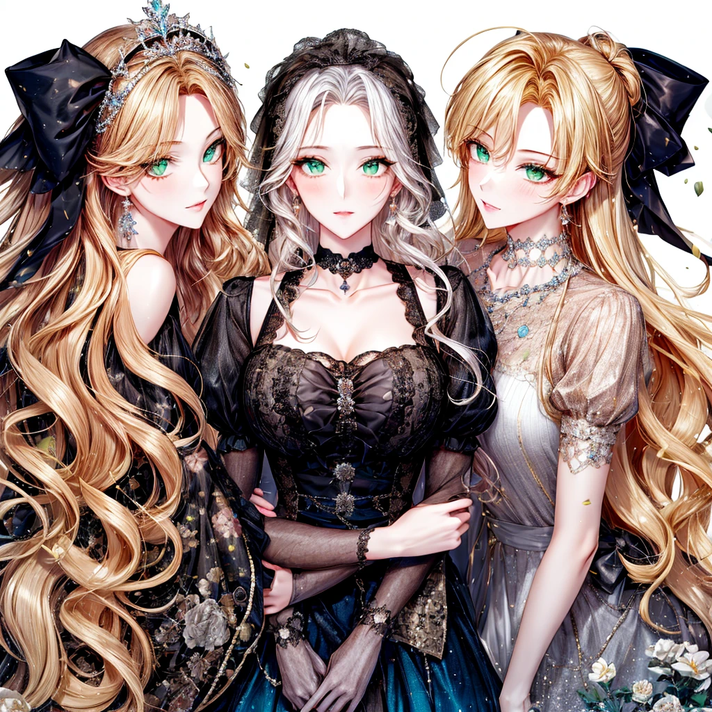 shoujo-style, (floral background, Romance Manhwa), 3girl, blonde hair, solo, long hair, flower, dress, tiara, white dress, gloves, long sleeves, choker, green eyes, mascara, makeup, white gloves, black bow, black flower, wavy hair, bow, Good, jewelry, looking at viewer, white background, collarbone, puffy sleeves, silver accessories, upper body, parted bangs, very long hair, blue dress, frills, bangs, closed mouth, detailed eyes, sparkle full body photo 