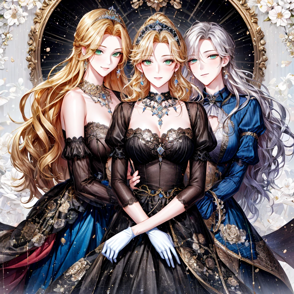 shoujo-style, (floral background, Romance Manhwa), 3girl, blonde hair, solo, long hair, flower, dress, tiara, white dress, gloves, long sleeves, choker, green eyes, mascara, makeup, white gloves, black bow, black flower, wavy hair, bow, Good, jewelry, looking at viewer, white background, collarbone, puffy sleeves, silver accessories, upper body, parted bangs, very long hair, blue dress, frills, bangs, closed mouth, detailed eyes, sparkle full body photo 