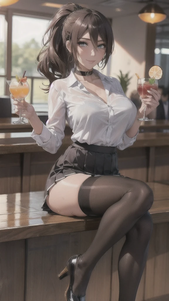 ((Correct Anatomy)),((Sit at the bar counter)),((Holding a cocktail glass)),((((Black Stockings)))),((Beautiful feet)),((A shy smile)),((Office Costume)),((White blouse)),((Office Uniforms)),((Pleated mini skirt)),Ultra-high resolution,Mature Woman, Mature Woman, Very detailed,Extremely fine skin,Beautiful Skin,((Sweating all over the body)),(Big Breasts),((Beautiful legs)),Perfect hands, Detailed fingers, Beautiful details, ((Long Hair)),((ponytail)),Black choker, Earrings,High heels,Luxury,Perfect Eyes, Captivating eyes