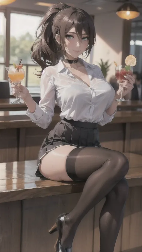 ((Correct Anatomy)),((Sit at the bar counter)),((Holding a cocktail glass)),((((Black Stockings)))),((Beautiful feet)),((A shy s...