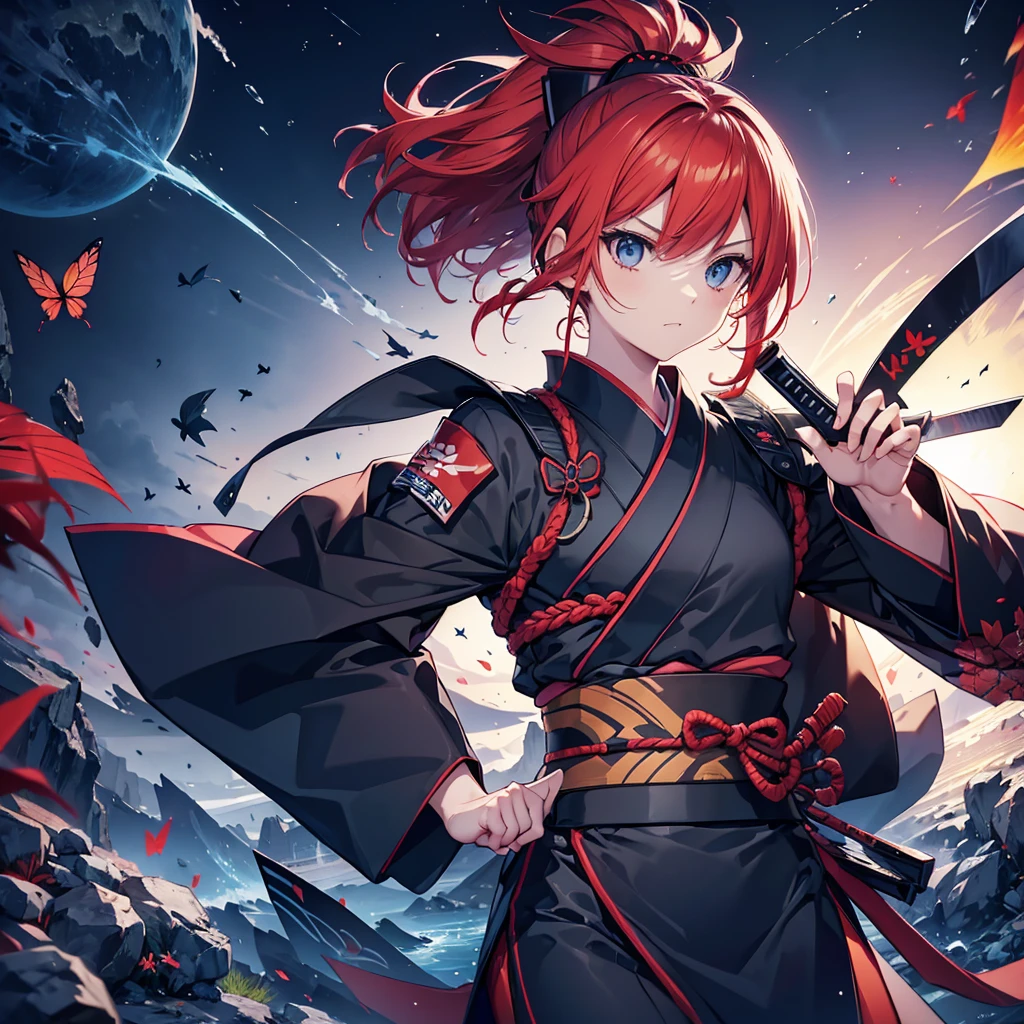 ((((Ninja、jump off　1 person))))　(((Redhead、ponytail　Black kimono、red band　Goddess of victory　Throwing Shuriken)))　((Red butterfly　night　Japanese style、old　shoulder))　(moon、star　autumn)　Shining Edges　Shining Background
