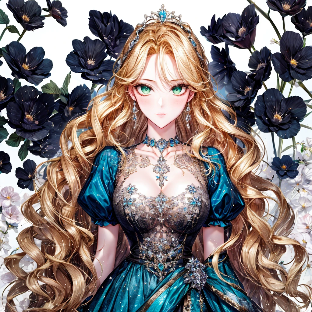 shoujo-style, (floral background, Romance Manhwa), 2girl, blonde hair, solo, long hair, flower, dress, tiara, white dress, gloves, long sleeves, choker, green eyes, mascara, makeup, white gloves, black bow, black flower, wavy hair, bow, Good, jewelry, looking at viewer, white background, collarbone, puffy sleeves, silver accessories, upper body, parted bangs, very long hair, blue dress, frills, bangs, closed mouth, detailed eyes, sparkle full body photo 