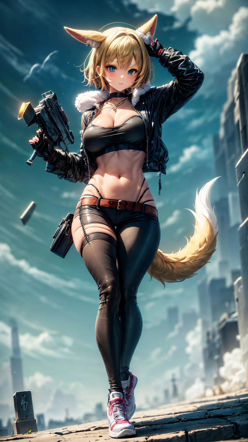 Oh, league of legend, sexy for, wallpapers, detailed eyes, fox ear, (fox tails), a skirt, (long pink fur), medium breasts, Looking at_It is shown in_Looking atl espectador, short_hair, gloves, belly button, fail, blue_there are eyes, Eternal, full_body, weapon, Footwear, necklaces, negro_gloves, pulp, hooded, hair_overcome_Yoon_there are eyes, Cultivator_above, hoodie, negro_pants, sneakers, Cut_jacket, cyber punk character, Cut_hoodie