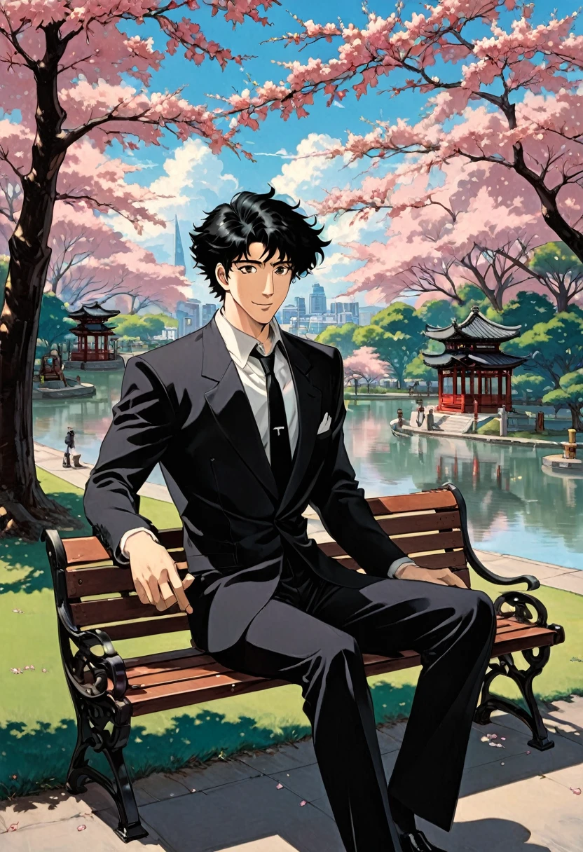 Cherry blossom park,A man sitting on a bench, Black Suit,A loose black tie,Black eyes, smile, Black Hair, 1990s style, (masterpiece, Highest quality, Professional, Perfect composition, so beautiful, Absurd, Very detailed, Intricate details:1.3),cowboybebop,Spike Spiegel