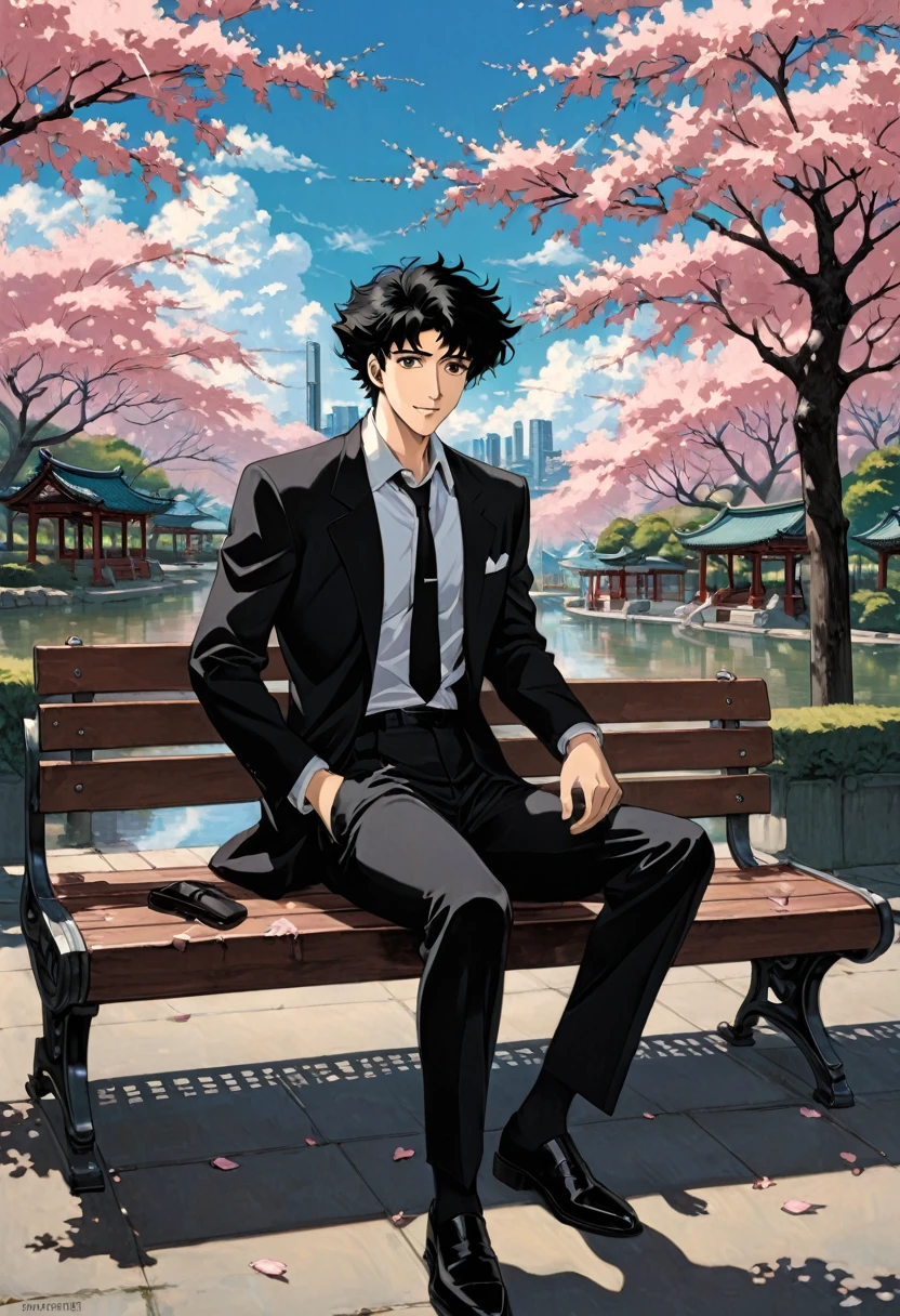 Cherry blossom park,A man sitting on a bench, Black Suit,A loose black tie,Black eyes, smile, Black Hair, 1990s style, (masterpiece, Highest quality, Professional, Perfect composition, so beautiful, Absurd, Very detailed, Intricate details:1.3),cowboybebop,Spike Spiegel