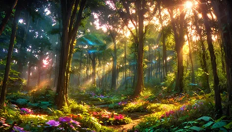 Beautiful forest at dawn, Idyllic, magic, majestic, Epic Lighting, Dense foliage, Colorful flowers, Sunlight, Reality, Movie, Wa...