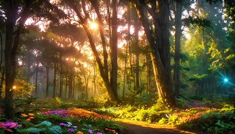 Beautiful forest at dawn, Idyllic, magic, majestic, Epic Lighting, Dense foliage, Colorful flowers, Sunlight, Reality, Movie, Wa...