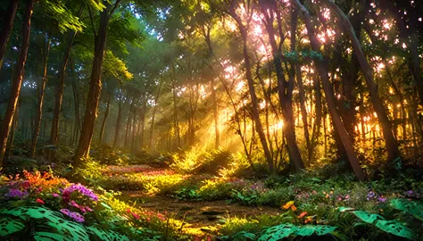 Beautiful forest at dawn, Idyllic, magic, majestic, Epic Lighting, Dense foliage, Colorful flowers, Sunlight, Reality, Movie, Wa...