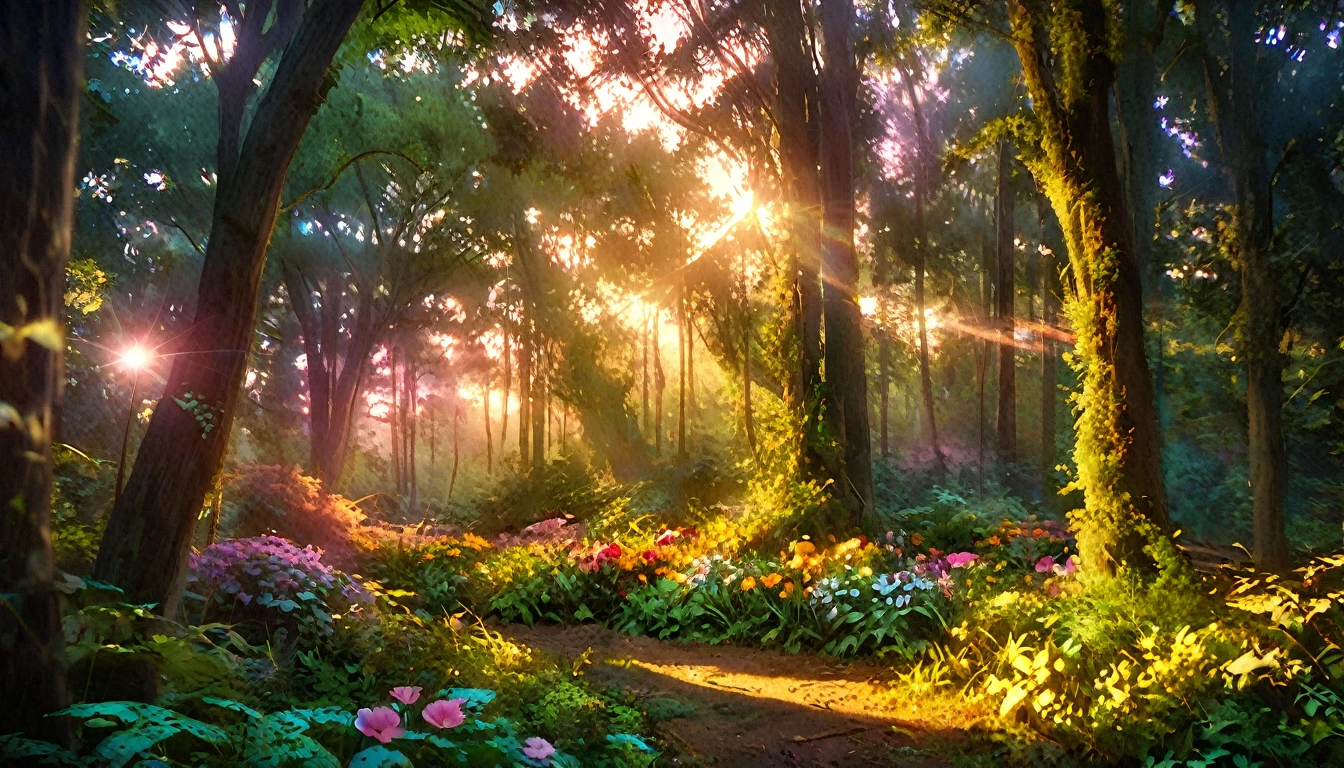 Floresta linda ao amanhecer, idílico, Magia, majestoso, iluminação épica, folhagem densa, Flores coloridas, luz solar, realidade, Filme, cores quentes, iluminação dramática, detalhes intrincados