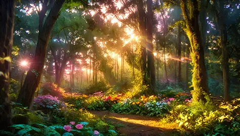 Beautiful forest at dawn, Idyllic, magic, majestic, Epic Lighting, Dense foliage, Colorful flowers, Sunlight, Reality, Movie, Wa...