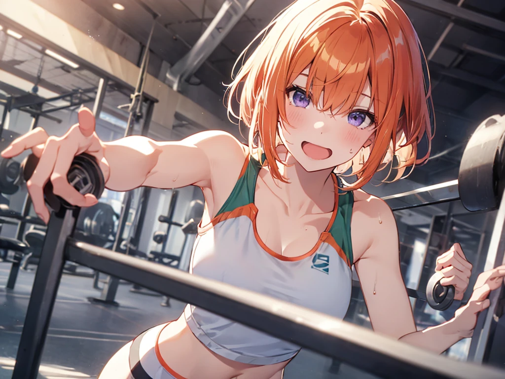 Woman running a marathon, Elf Ears, Training Gym, Highest quality, Best image quality,Perfect Anatomy,masterpiece,Ultra-detailed,beautiful,super high quality, Highest quality,High resolution, Very detailed,Game CG,Dutch Angle ,beautiful細部までこだわった目,Visual Arts,Five Fingers, Perfect hands,Hide your hands, {{{One Girl}}}, beautiful詳細な女の子, Game CG, One curl on the outside, Short Bob Hair, Pastel orange hair, Purple eyes, breast enhancement, Medium Shoot, woman, Take-out, Laughter, huge , Pastel green training wear, sportswear, {{{{{Wearing a pastel green tank top}}}}},Open your mouth, wonderful, beautiful細部までこだわった目, Highest quality, Very delicate,Masseter muscle area,Highest quality,(Official Art、Highest quality、Unity 8k wallpaper、32K、masterpiece、Ultra-detailed、超High resolution、Realistic、Photorealistic:1.2)、(Cinema Lighting:1.2)、Fire Glow Effect、The most grainy shadows on the film、Side light、Side Shot、(Ultra-detailedで複雑な3Dレンダリング)、Atelier Series,training, Sweat, Hot body, steam, athletic field