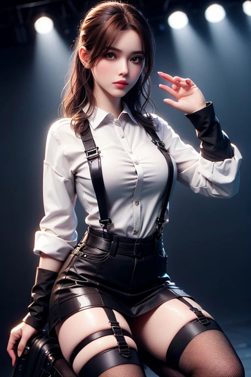 Brown hair, Watch the audience, Black suspenders, Black skirt, White shirt, Garter belt, gaze, Knee socks, gun holster, Beautiful woman, Raise your hand. Black boots, flank, Put your hands behind you, night, City as background