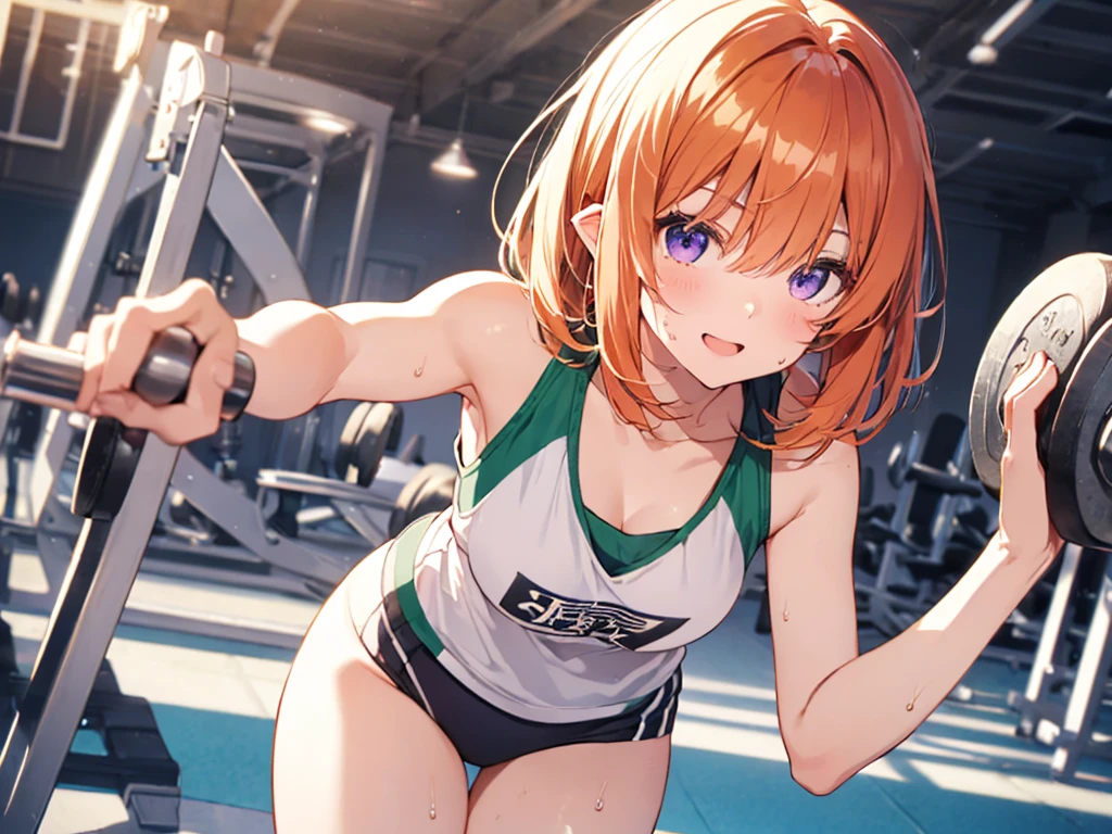 Woman with dumbbells, Elf Ears, Training Gym, Highest quality, Best image quality,Perfect Anatomy,masterpiece,Ultra-detailed,beautiful,super high quality, Highest quality,High resolution, Very detailed,Game CG,Dutch Angle ,beautiful細部までこだわった目,Visual Arts,Five Fingers, Perfect hands,Hide your hands, {{{One Girl}}}, beautiful詳細な女の子, Game CG, One curl on the outside, Short Bob Hair, Pastel orange hair, Purple eyes, breast enhancement, Medium Shoot, woman, Take-out, Laughter, huge , Pastel green training wear, sportswear, {{{{{Wearing a pastel green tank top}}}}},Open your mouth, wonderful, beautiful細部までこだわった目, Highest quality, Very delicate,Masseter muscle area,Highest quality,(Official Art、Highest quality、Unity 8k wallpaper、32K、masterpiece、Ultra-detailed、超High resolution、Realistic、Photorealistic:1.2)、(Cinema Lighting:1.2)、Fire Glow Effect、The most grainy shadows on the film、Side light、Side Shot、(Ultra-detailedで複雑な3Dレンダリング)、Atelier Series,training, Sweat, Hot body, steam, athletic field