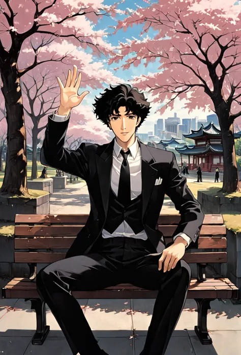 cherry blossom park,a man sitting on a bench, black suit,a loose black tie,black eyes, smile, black hair, raising one hand towar...