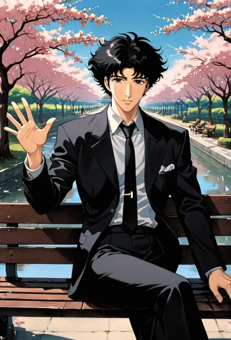 cherry blossom park,a man sitting on a bench, black suit,a loose black tie,black eyes, smile, black hair, raising one hand towar...