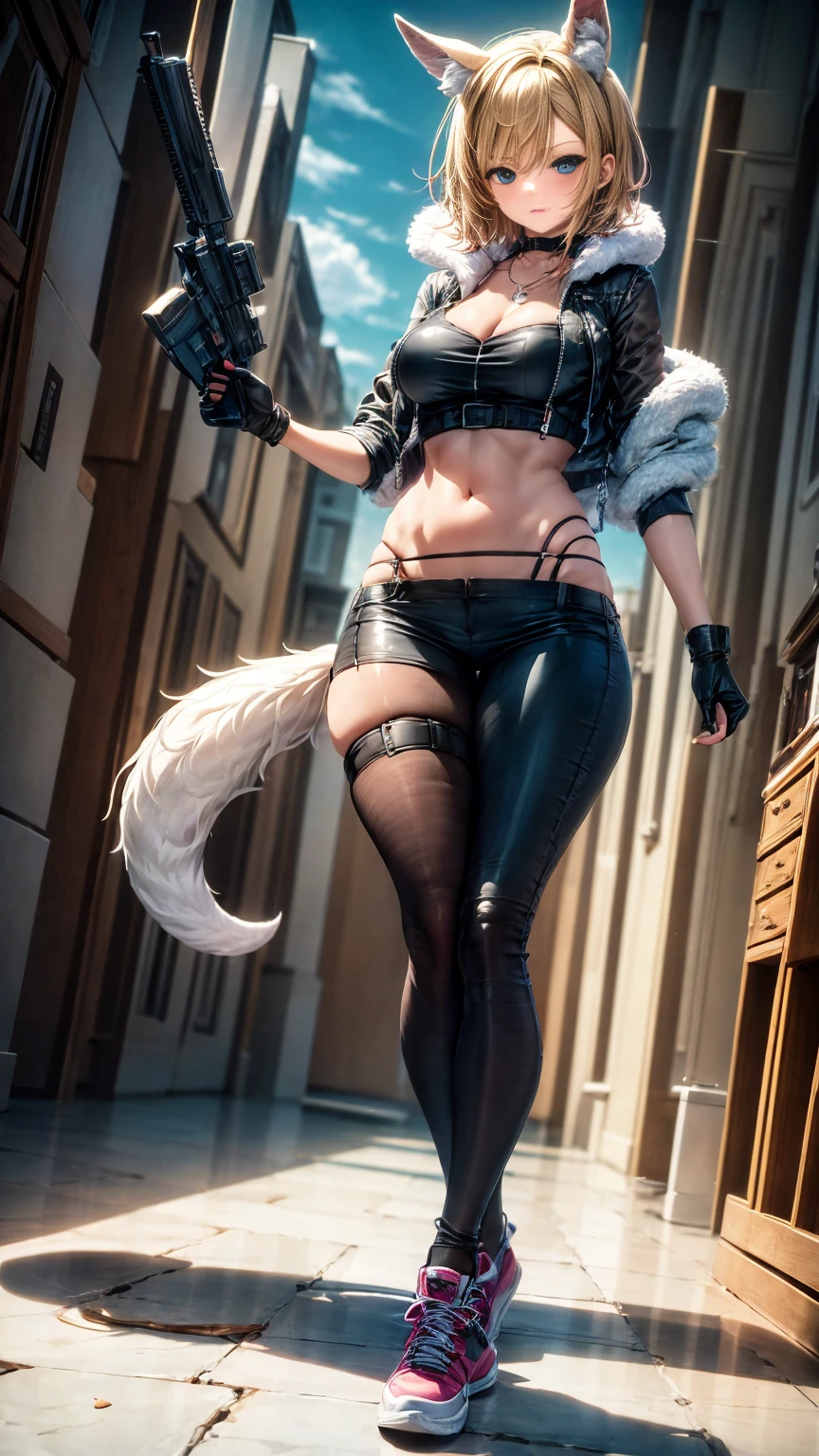 Oh, league of legend, sexy for, wallpapers, detailed eyes, fox ear, (fox tails), a skirt, (long pink fur), medium breasts, Looking at_Shown in_Looking atl espectador, short_hair, gloves, belly button, fail, blue_there are eyes, Eternal, full_body, weapon, Footwear, necklaces, negro_gloves, pulp, hooded, hair_overcome_Yoon_there are eyes, Cultivator_above, hoodie, negro_pants, sneakers, Cut_jacket, cyber punk character, Cut_hoodie