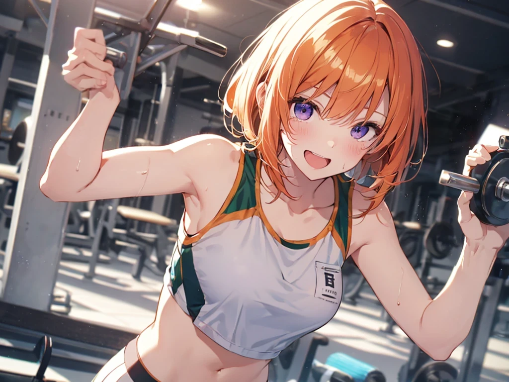 Woman with dumbbells, Elf Ears, Training Gym, Highest quality, Best image quality,Perfect Anatomy,masterpiece,Ultra-detailed,beautiful,super high quality, Highest quality,High resolution, Very detailed,Game CG,Dutch Angle ,beautiful細部までこだわった目,Visual Arts,Five Fingers, Perfect hands,Hide your hands, {{{One Girl}}}, beautiful詳細な女の子, Game CG, One curl on the outside, Short Bob Hair, Pastel orange hair, Purple eyes, breast enhancement, Medium Shoot, woman, Take-out, Laughter, huge , Pastel green training wear, sportswear, {{{{{Wearing a pastel green tank top}}}}},Open your mouth, wonderful, beautiful細部までこだわった目, Highest quality, Very delicate,Masseter muscle area,Highest quality,(Official Art、Highest quality、Unity 8k wallpaper、32K、masterpiece、Ultra-detailed、超High resolution、Realistic、Photorealistic:1.2)、(Cinema Lighting:1.2)、Fire Glow Effect、The most grainy shadows on the film、Side light、Side Shot、(Ultra-detailedで複雑な3Dレンダリング)、Atelier Series,training, Sweat, Hot body, steam, athletic field