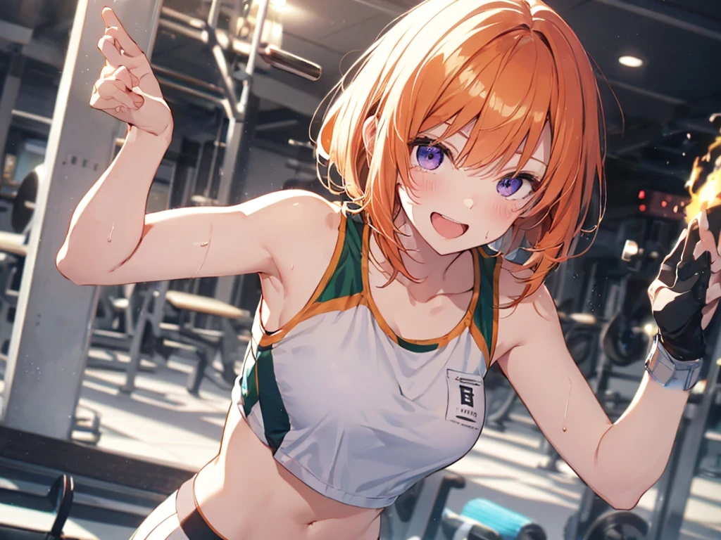 Woman with dumbbells, Elf Ears, Training Gym, Highest quality, Best image quality,Perfect Anatomy,masterpiece,Ultra-detailed,beautiful,super high quality, Highest quality,High resolution, Very detailed,Game CG,Dutch Angle ,beautiful細部までこだわった目,Visual Arts,Five Fingers, Perfect hands,Hide your hands, {{{One Girl}}}, beautiful詳細な女の子, Game CG, One curl on the outside, Short Bob Hair, Pastel orange hair, Purple eyes, breast enhancement, Medium Shoot, woman, Take-out, Laughter, huge , Pastel green training wear, sportswear, {{{{{Wearing a pastel green tank top}}}}},Open your mouth, wonderful, beautiful細部までこだわった目, Highest quality, Very delicate,Masseter muscle area,Highest quality,(Official Art、Highest quality、Unity 8k wallpaper、32K、masterpiece、Ultra-detailed、超High resolution、Realistic、Photorealistic:1.2)、(Cinema Lighting:1.2)、Fire Glow Effect、The most grainy shadows on the film、Side light、Side Shot、(Ultra-detailedで複雑な3Dレンダリング)、Atelier Series,training, Sweat, Hot body, steam, athletic field