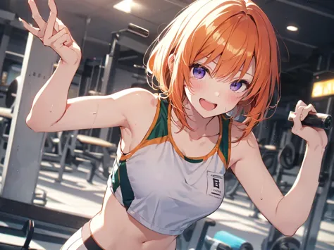 woman with dumbbells, elf ears, training gym, highest quality, best image quality,perfect anatomy,masterpiece,ultra-detailed,bea...