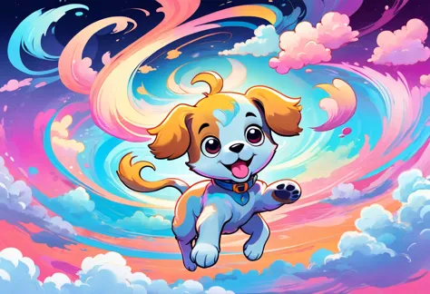Swirl art puppy cartoon character, Marker Outline, cute, Anime Style, Dynamic pose with arms and legs stretched out, whimsical e...
