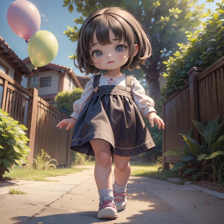 (Top quality, ultra-high resolution, historical masterpiece) (High-definition CG illustration: 1.2) A girl and a puppy, ((Cute short girl))) (Mini, short, petite) (Young, younger, looks younger, looks younger,) The girl holding the puppy is enjoying a walk in the sky with colorful balloons