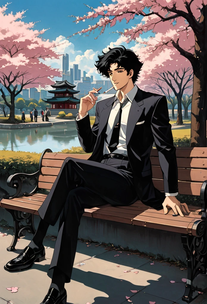 Cherry blossom park,A man sitting on a bench, Black Suit,A loose black tie,Black eyes, smile, Black Hair, Smoking a cigarette,1990s style, (masterpiece, Highest quality, Professional, Perfect composition, so beautiful, Absurd, Very detailed, Intricate details:1.3),cowboybebop,Spike Spiegel