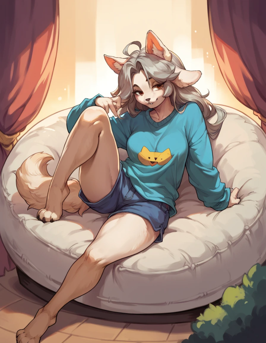 score_9,score_8_up,score_7_up, source_anime, temmie from undertale, Anthro girl, short silver grey hair, tall slender body, brown eyes, white furry body, canine feline hybrid girl, four ears, floppy white dog ears, white cat ears, wearing shirt, shorts, barefoot, feet paws four toes, sitting on a beanbag chair, playful pose, one leg up, seductive