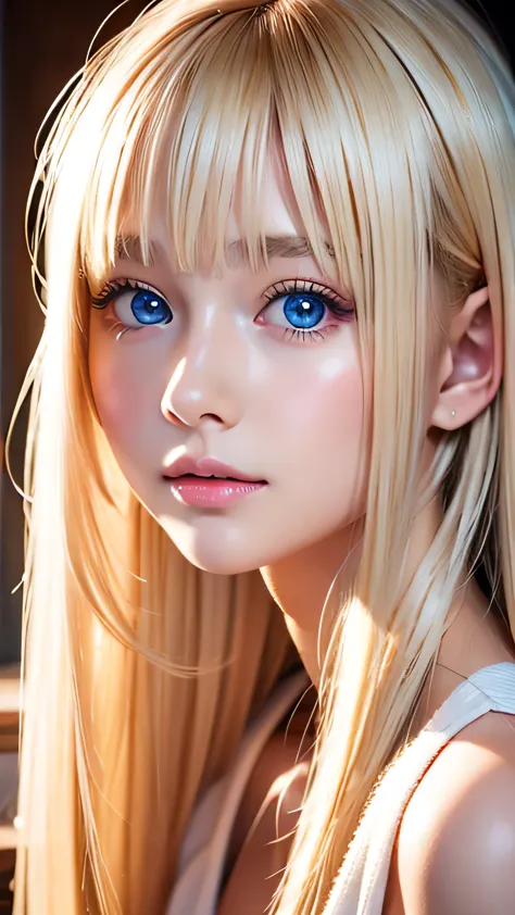 a beautiful blonde with a cute face,beautiful super long platinum blonde straight silky hair,bangs over eyes、half body shot,bang...