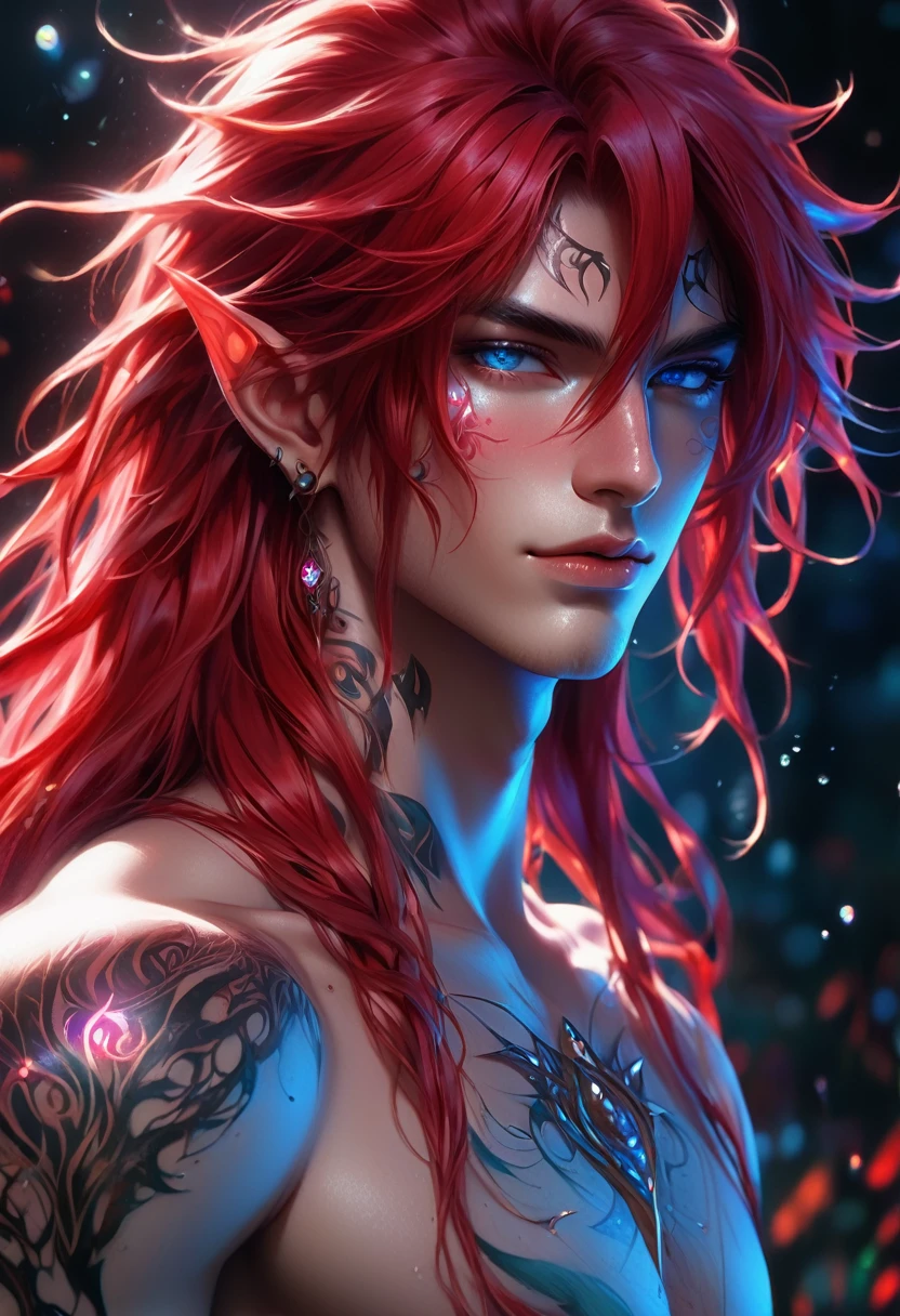 full ariel view of a ethereal demonic 25 year old anime guy male druid, with metallic foil print blood red long hair, moist wet glistening lips, delicate masterpieceintimate delicate etched glowing rune tattoos, winking, beautiful gorgeous elf ((male)) kissyface, perfect face, blue/black pastel eyes, long red wisp hair, freckles, piercings, foil print neonbody art, laboratory experiment, perfect anatomy, centered, almost perfect, dynamic, very detailed, glowing, artstation, concept art, soft and sharp focus, art by Carne Griffiths and Wadim Kashin, high-definition accent lighting, epic, elven atmosphere, contrasted with vibrant paint colors., futuristic cyborg in the year 2950,