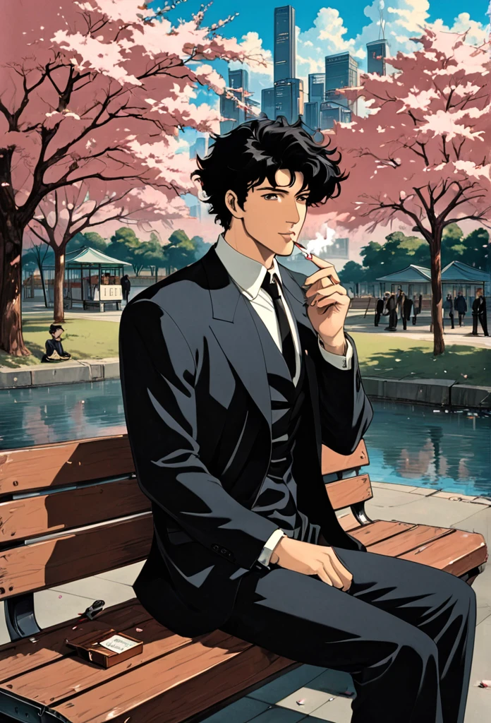 Cherry blossom park,A man sitting on a bench, Black Suit,A loose black tie,Black eyes, smile, Black Hair, Stubble on chin,Smoking a cigarette,1990s style, (masterpiece, Highest quality, Professional, Perfect composition, so beautiful, Absurd, Very detailed, Intricate details:1.3),cowboybebop,Spike Spiegel