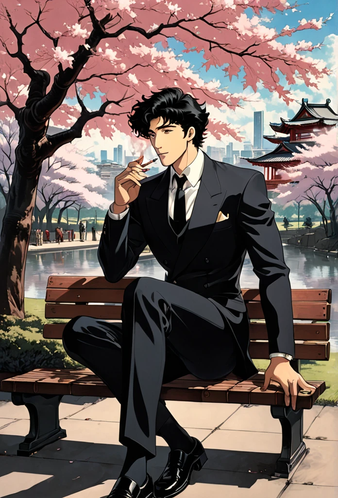 Cherry blossom park,A man sitting on a bench, Black Suit,A loose black tie,Black eyes, smile, Black Hair, Stubble on chin,Smoking a cigarette,1990s style, (masterpiece, Highest quality, Professional, Perfect composition, so beautiful, Absurd, Very detailed, Intricate details:1.3),cowboybebop,Spike Spiegel