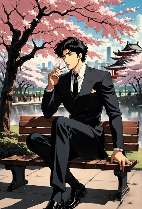 cherry blossom park,a man sitting on a bench, black suit,a loose black tie,black eyes, smile, black hair, stubble on chin,smokin...