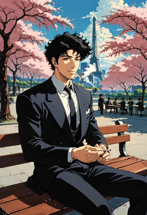 cherry blossom park,a man sitting on a bench, black suit,a loose black tie,black eyes, smile, black hair, stubble on chin,smokin...