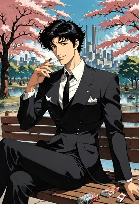 cherry blossom park,a man sitting on a bench, black suit,a loose black tie,black eyes, smile, black hair, stubble on chin,smokin...