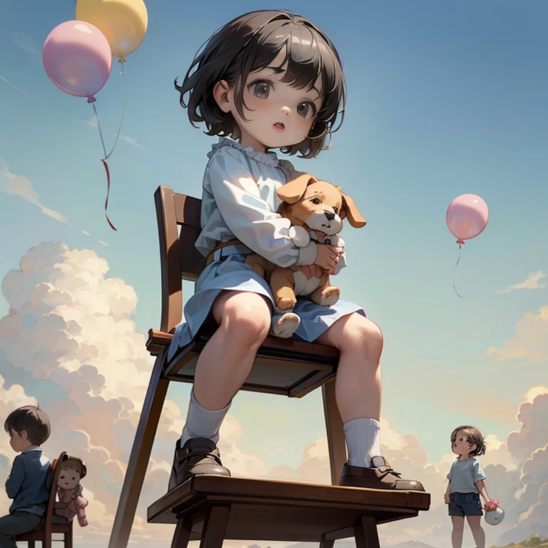 (Top quality, super high resolution, historical masterpiece) (High-definition CG illustration: 1.2) A girl and a puppy, ((Cute short girl))) (Mini, short, petite) (Young, younger, looks younger, appears younger,) A girl holding a puppy is enjoying a walk in the sky with colorful balloons, (holding a puppy) (A girl holding a puppy sits on a chair, many balloons are attached to the chair where the girl sits, on top of the clouds) A composition looking up at the girl, an angled depiction