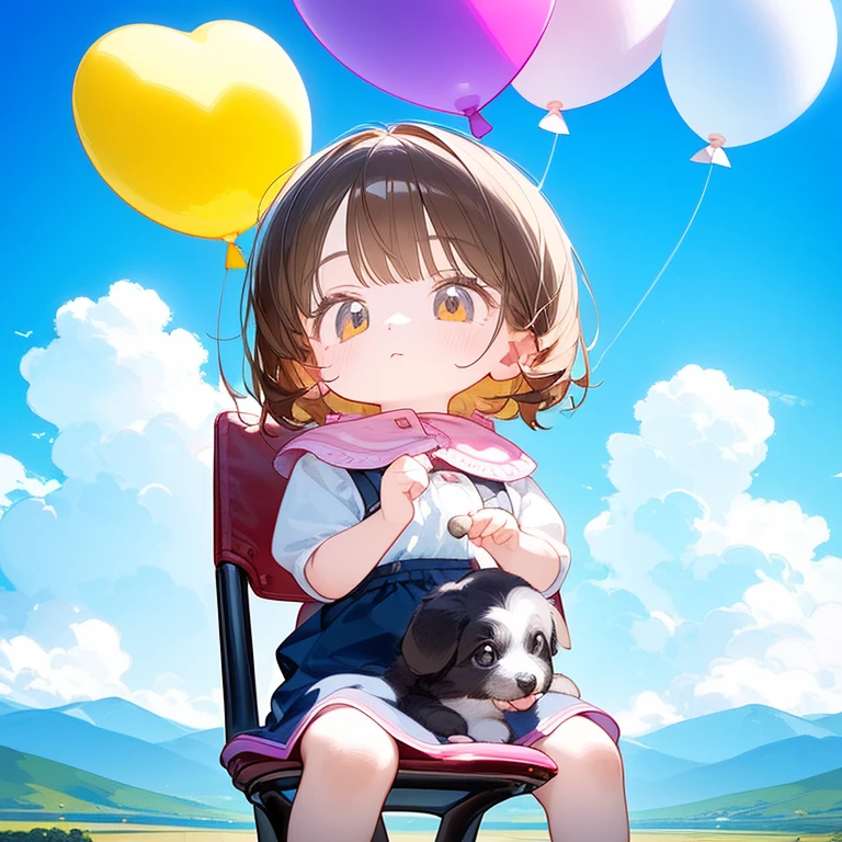 (Top quality, super high resolution, historical masterpiece) (High-definition CG illustration: 1.2) A girl and a puppy, ((Cute short girl))) (Mini, short, petite) (Young, younger, looks younger, appears younger,) A girl holding a puppy is enjoying a walk in the sky with colorful balloons, (holding a puppy) (A girl holding a puppy sits on a chair, many balloons are attached to the chair where the girl sits, on top of the clouds) A composition looking up at the girl, an angled depiction