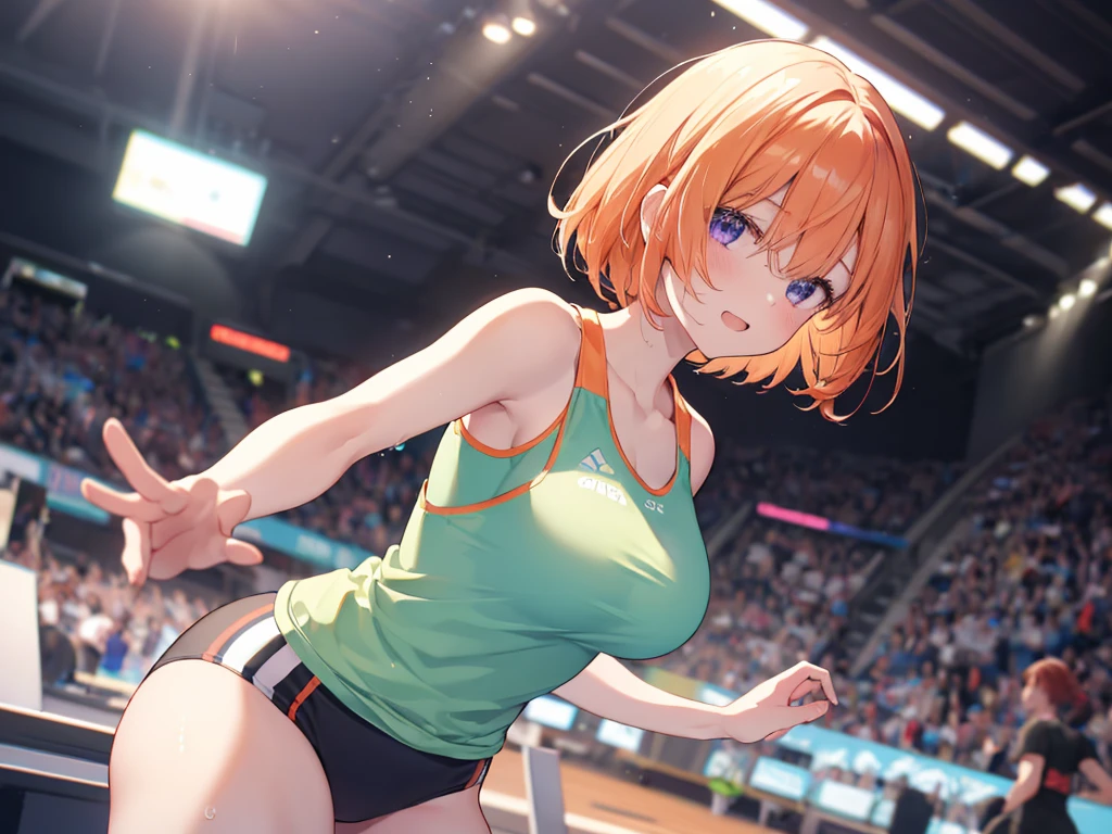 Both arms extend off-screen, Elf Ears, Training Gym, Highest quality, Best image quality,Perfect Anatomy,masterpiece,Ultra-detailed,beautiful,super high quality, Highest quality,High resolution, Very detailed,Game CG,Dutch Angle ,beautiful細部までこだわった目,Visual Arts,Five Fingers, Perfect hands,Hide your hands, {{{One Girl}}}, beautiful詳細な女の子, Game CG, One curl on the outside, Short Bob Hair, Pastel orange hair, Purple eyes, breast enhancement, Medium Shoot, woman, Take-out, Laughter, huge , Pastel green training wear, sportswear, {{{{{Wearing a pastel green tank top}}}}},Open your mouth, wonderful, beautiful細部までこだわった目, Highest quality, Very delicate,Masseter muscle area,Highest quality,(Official Art、Highest quality、Unity 8k wallpaper、32K、masterpiece、Ultra-detailed、超High resolution、Realistic、Photorealistic:1.2)、(Cinema Lighting:1.2)、Fire Glow Effect、The most grainy shadows on the film、Side light、Side Shot、(Ultra-detailedで複雑な3Dレンダリング)、Atelier Series,training, Sweat, Hot body, steam, athletic field