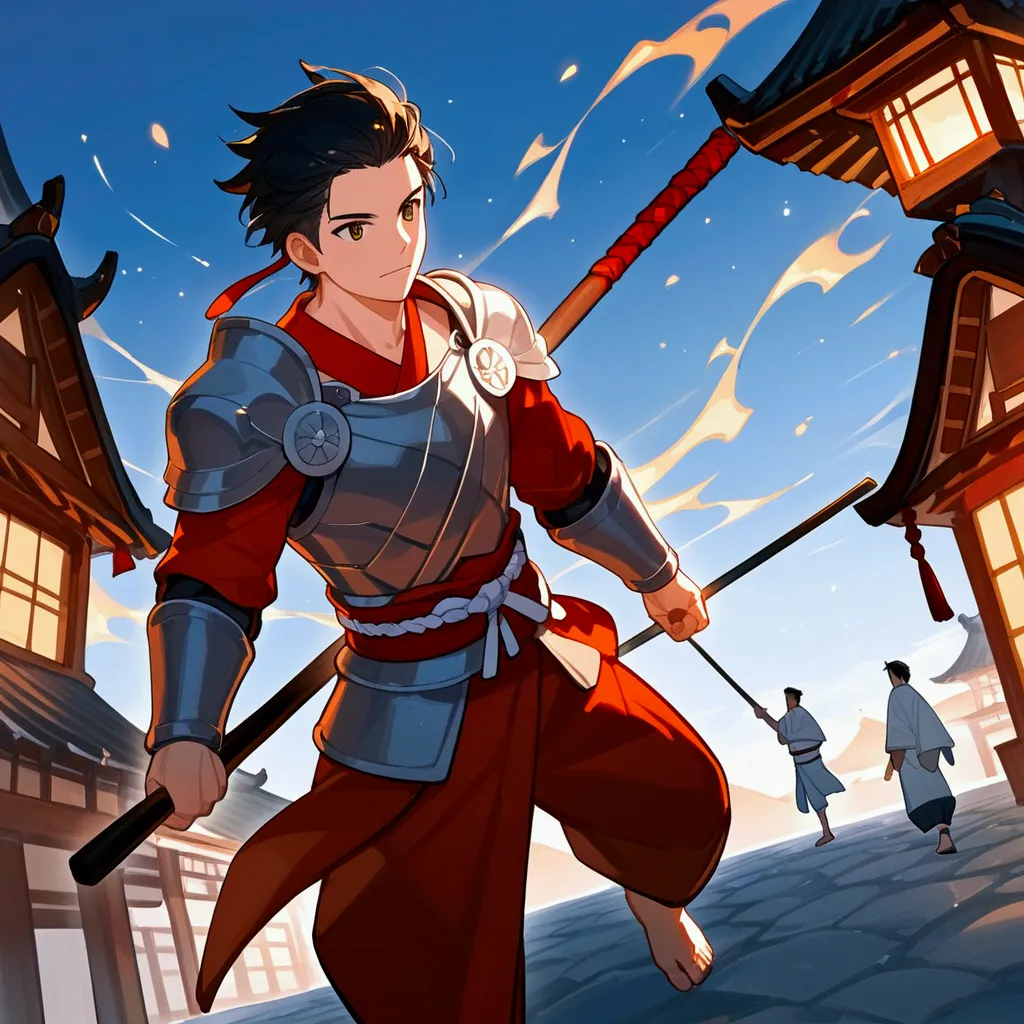 score_9, score_8_up, official art, anime, night, dynamic angle, cinematic lighting, 1boy, a middle aged japanese samurai wearing...