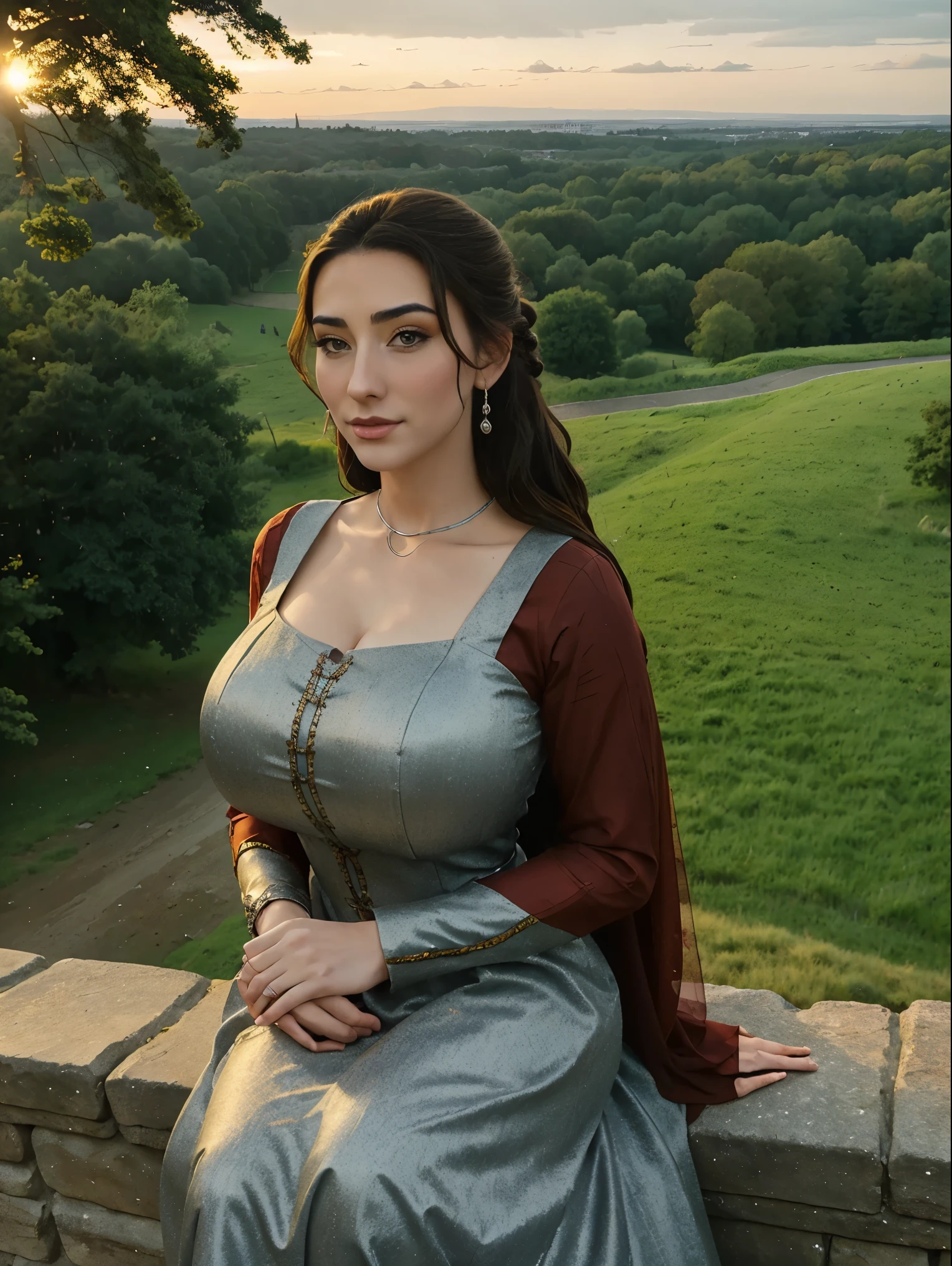 Gorgeous and sultry busty athletic (thin) brunette queen with sharp facial features wearing a modest updo, dark red medieval dress, long sleeves, intricate patterns, scrollwork, wide neck, crown, veil, long dress, modest dress, tight bodice, (silver waist chain), medieval jewelry, Middle Ages, castle, rampart, wall, exterior, on top of a castle wall, trees, countryside, evening, sunset.