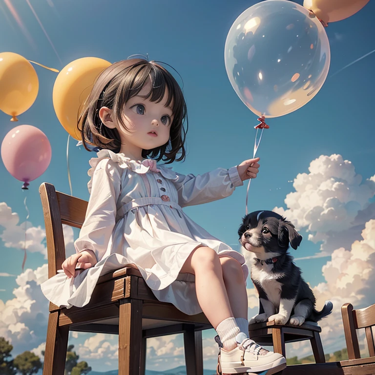 (Top quality, super high resolution, historical masterpiece) (High-definition CG illustration: 1.2) A girl and a puppy on a balloon, ((Cute short girl))) (Mini, short, petite) (Young, younger, looks younger, appears younger,) The girl holding the puppy is enjoying a walk in the sky with colorful balloons, (holding a puppy) (The girl holding the puppy is sitting on a chair, many balloons are the same size as a balloon, the strings of the balloons are all stretched to the chair where the girl is sitting, above the clouds) A composition looking up at the girl, an angled depiction