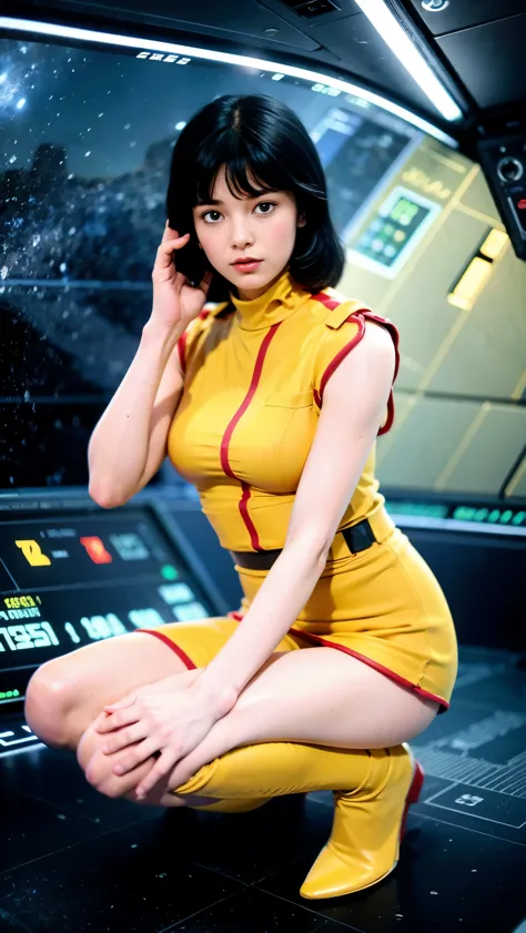 (8k、RAW Photos、Highest quality、masterpiece:1.2、Perfect Anatomy)、(Realistic、Realistic、Full body photo)、1 female、(((Large Breasts、A little sullen look)))、Short Hair、Fa Yuili、Costumes、Being inside a spaceship