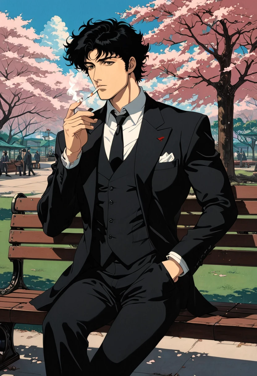 Cherry blossom park,A man sitting on a bench, Black Suit,A loose black tie,Black eyes, Serious face,Black Hair, Stubble on chin,Smoking,1990s style, (masterpiece, Highest quality, Professional, Perfect composition, so beautiful, Absurd, Very detailed, Intricate details:1.3),cowboybebop,Spike Spiegel