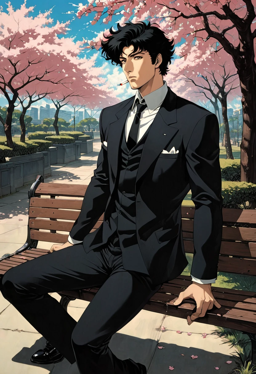 Cherry blossom park,A man sitting on a bench, Black Suit,A loose black tie,Black eyes, Serious face,Black Hair, Stubble on chin,Smoking,1990s style, (masterpiece, Highest quality, Professional, Perfect composition, so beautiful, Absurd, Very detailed, Intricate details:1.3),cowboybebop,Spike Spiegel