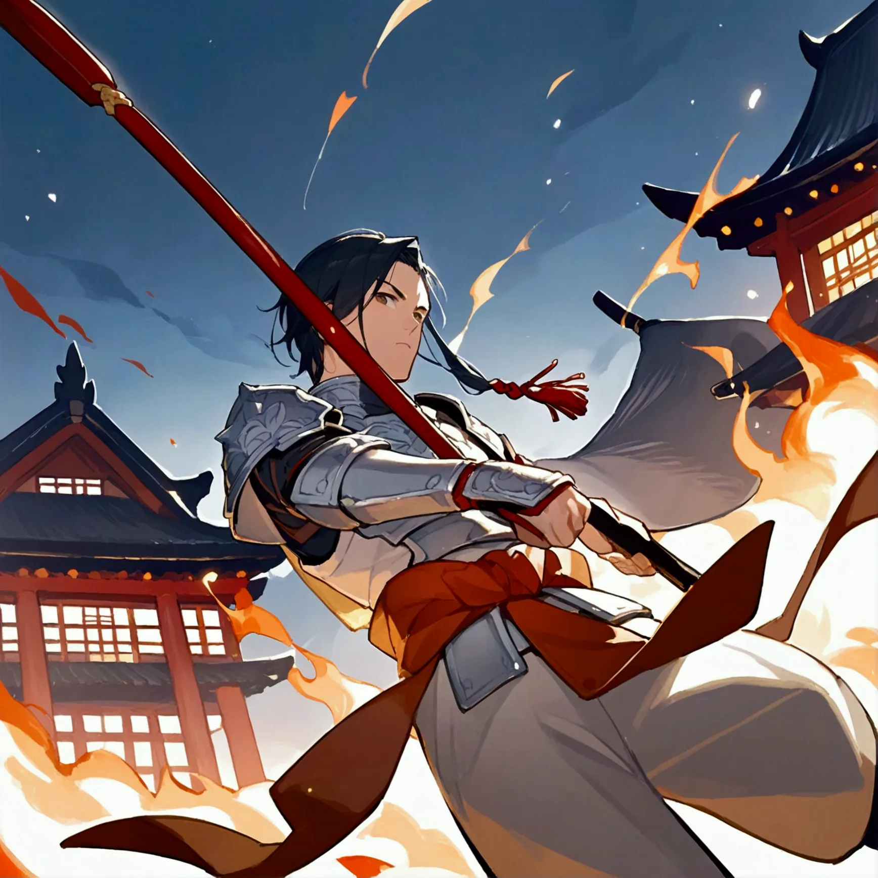 score_9, score_8_up, official art, anime, midnight, dynamic angle, cinematic lighting, 1boy, a middle aged japanese samurai wear...