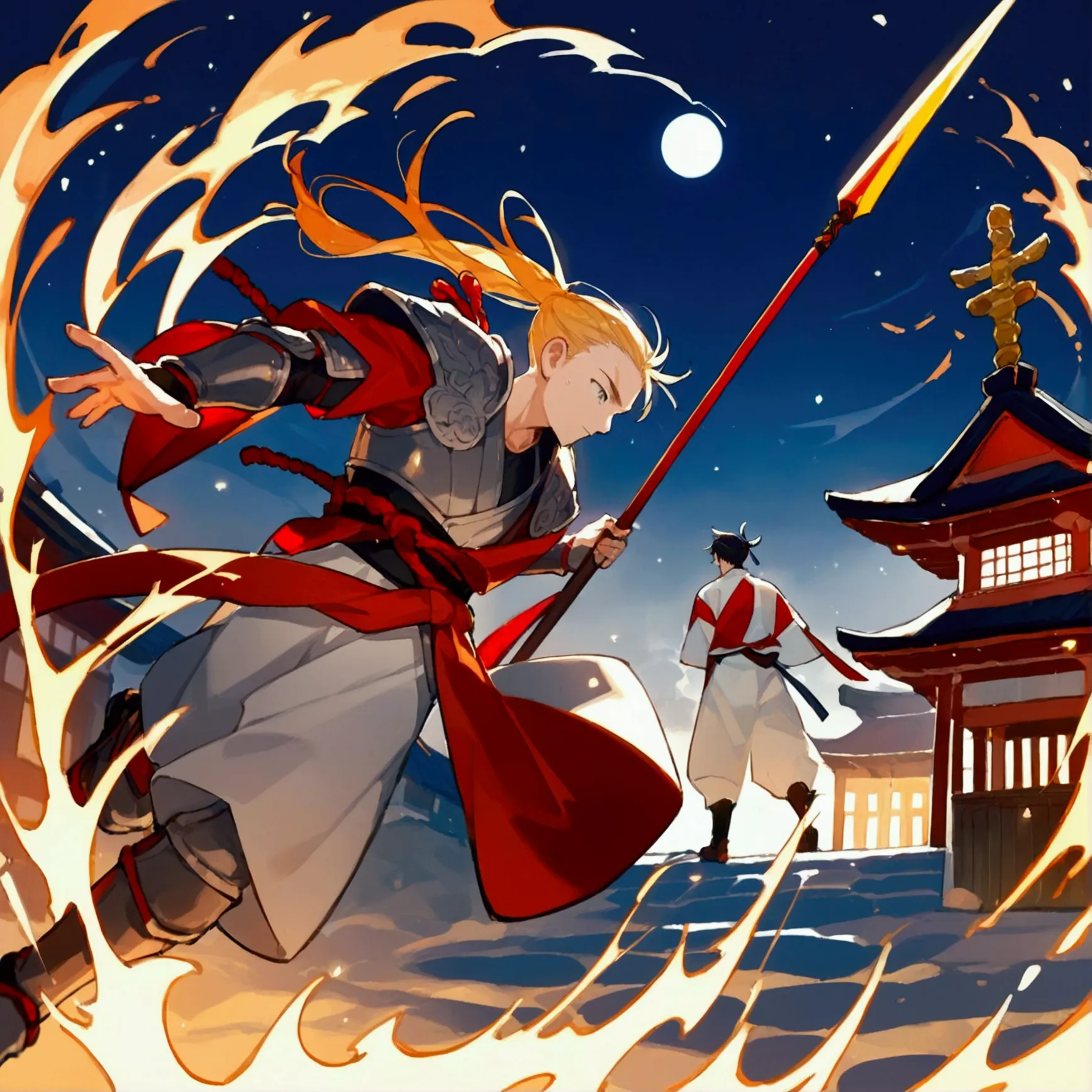 score_9, score_8_up, official art, anime, midnight, dynamic angle, cinematic lighting, 1boy, a middle aged japanese samurai wear...