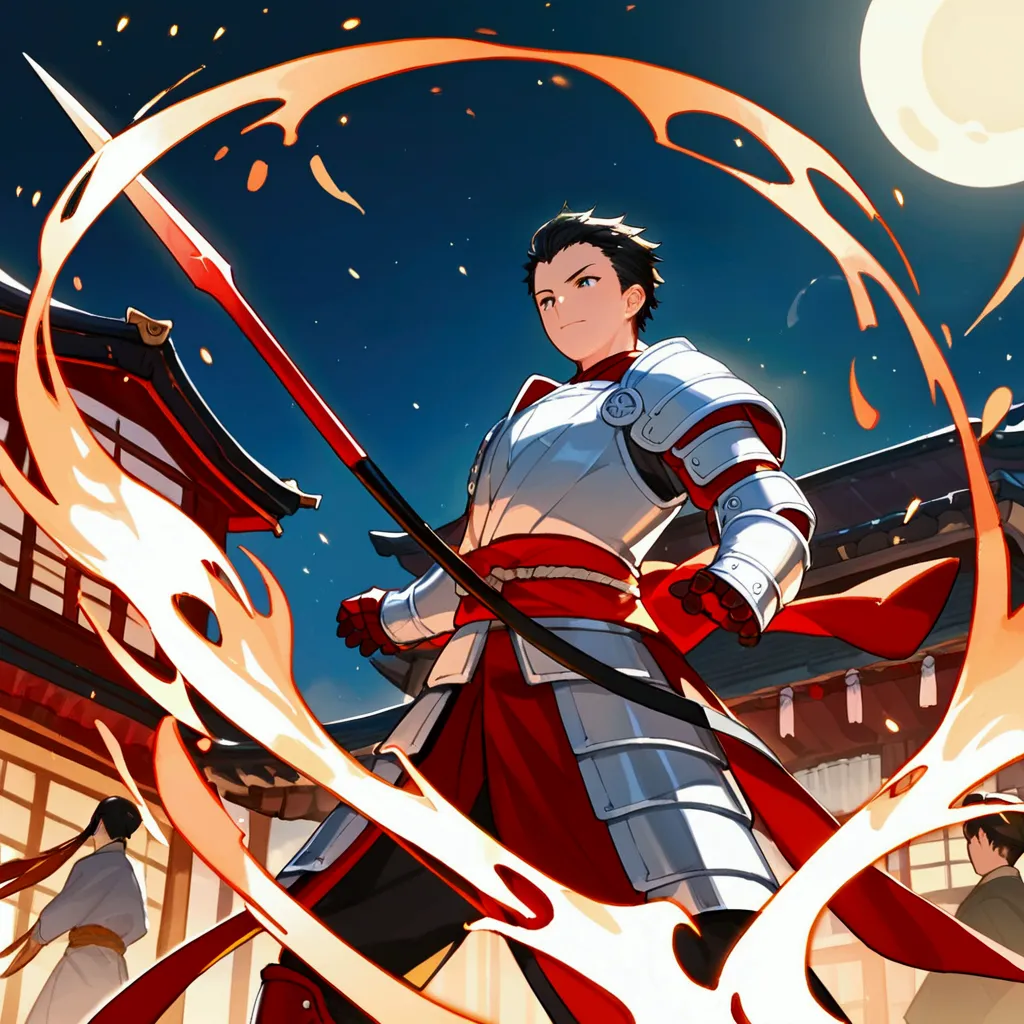 score_9, score_8_up, official art, anime, midnight, dynamic angle, cinematic lighting, 1boy, a middle aged japanese samurai wear...