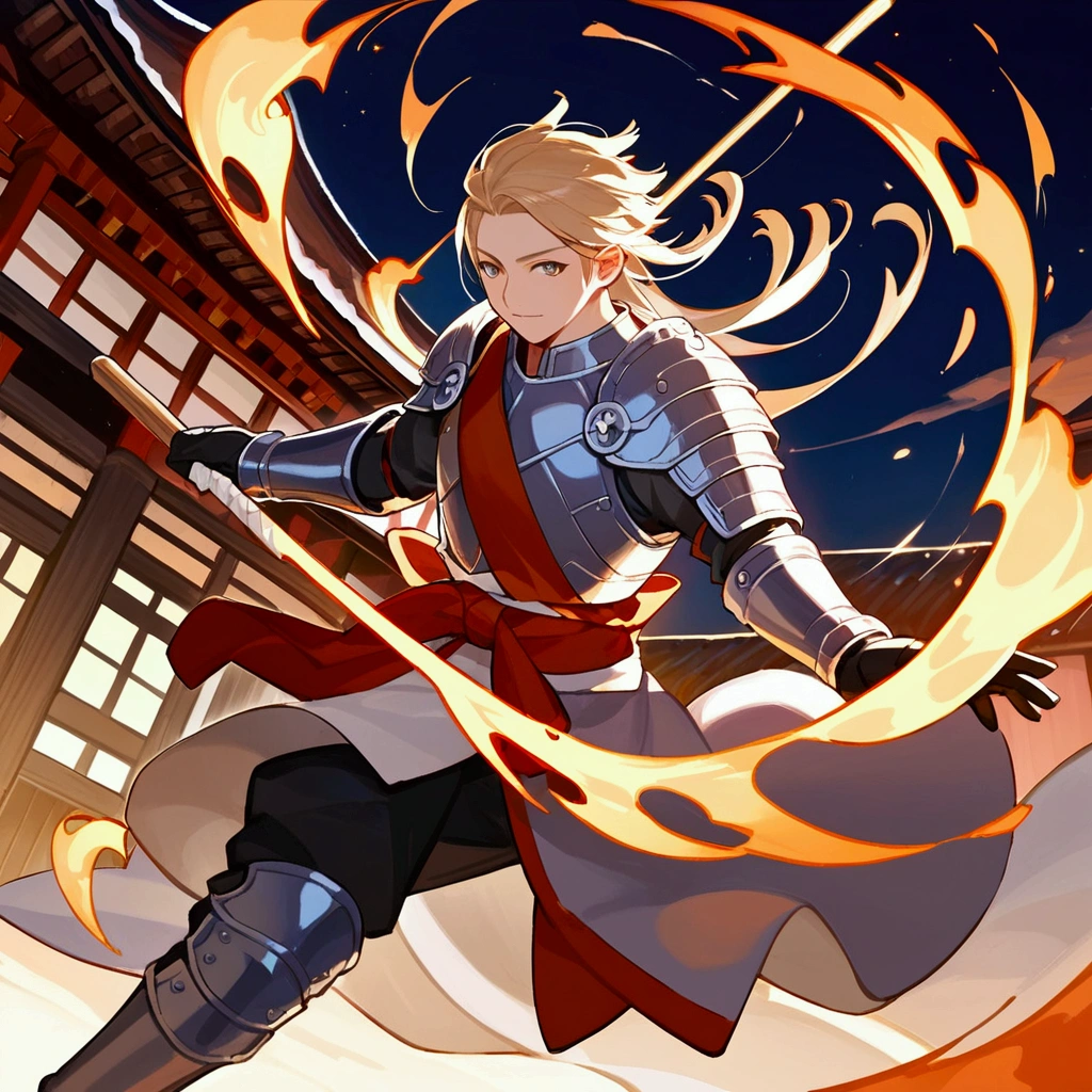 score_9, score_8_up, official art, anime, midnight, dynamic angle, cinematic lighting, 1boy, a middle aged japanese samurai wearing armor, he runs in the burning japanese town, holding short spear,