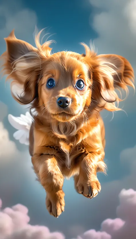 a cute and sweet flying puppy, adorable puppy, 1 puppy, fluffy puppy, playful puppy, puppy with wings, fantasy puppy, whimsical puppy, adorable puppy portrait, detailed puppy face, beautiful puppy eyes, cute puppy expression, puppy in the sky, puppy flying, puppy levitating, pastel colors, soft lighting, cinematic lighting, fantasy art, digital painting, highly detailed, award winning, (best quality,4k,8k,highres,masterpiece:1.2),ultra-detailed,(realistic,photorealistic,photo-realistic:1.37)