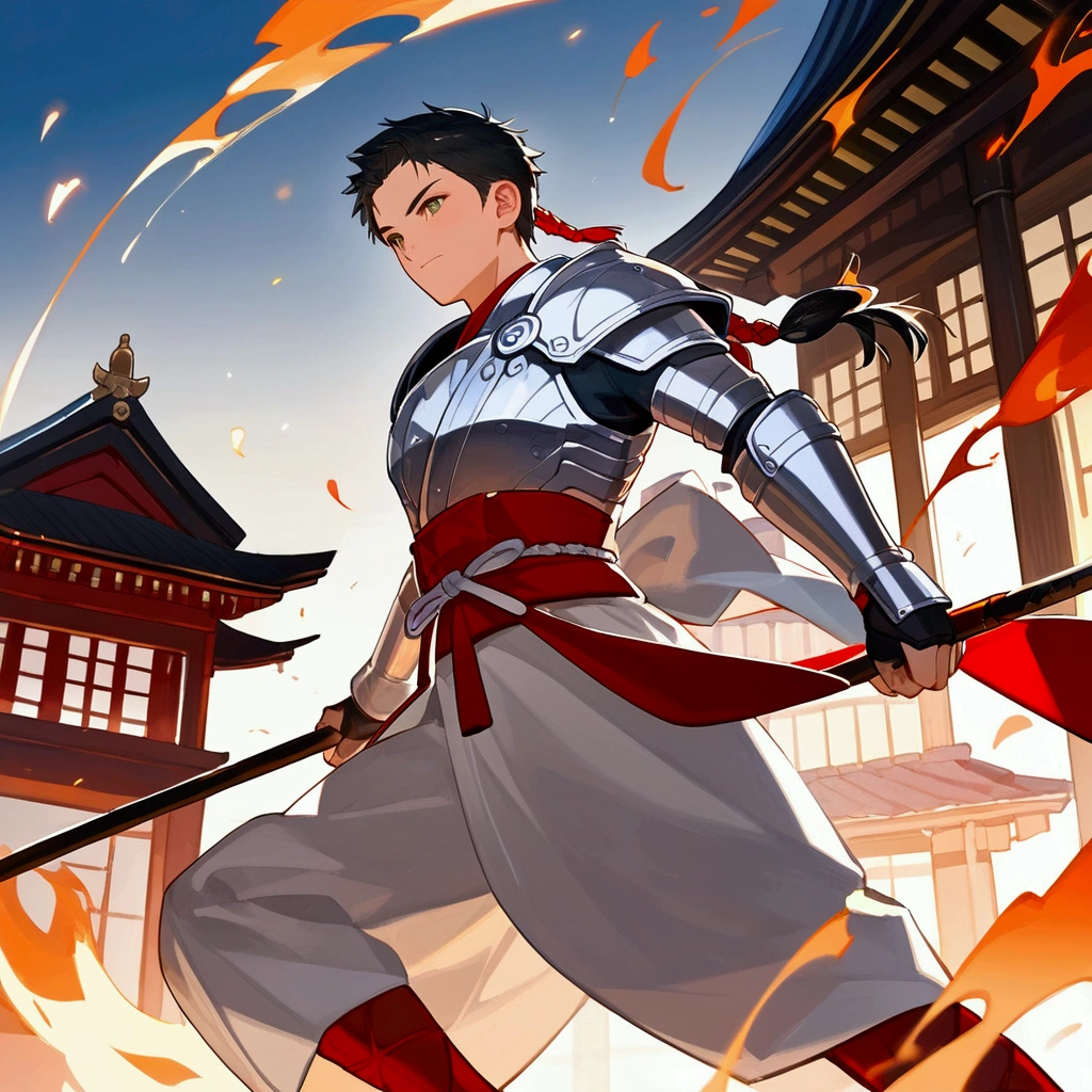 score_9, score_8_up, official art, anime, midnight, dynamic angle, cinematic lighting, 1boy, a middle aged japanese samurai wearing armor, he runs in the burning japanese town, holding short spear,