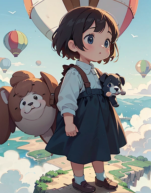 (Top quality, super high resolution, historical masterpiece) (High-definition CG illustration: 1.2) A girl and a puppy on a hot air balloon, ((Cute short girl))) (Mini, short, petite) (Young, younger, looks younger, looks younger,) A girl holding a puppy is enjoying a walk in the sky on a hot air balloon, (holding a puppy) (above the clouds) looking at the cityscape below, bird's-eye view